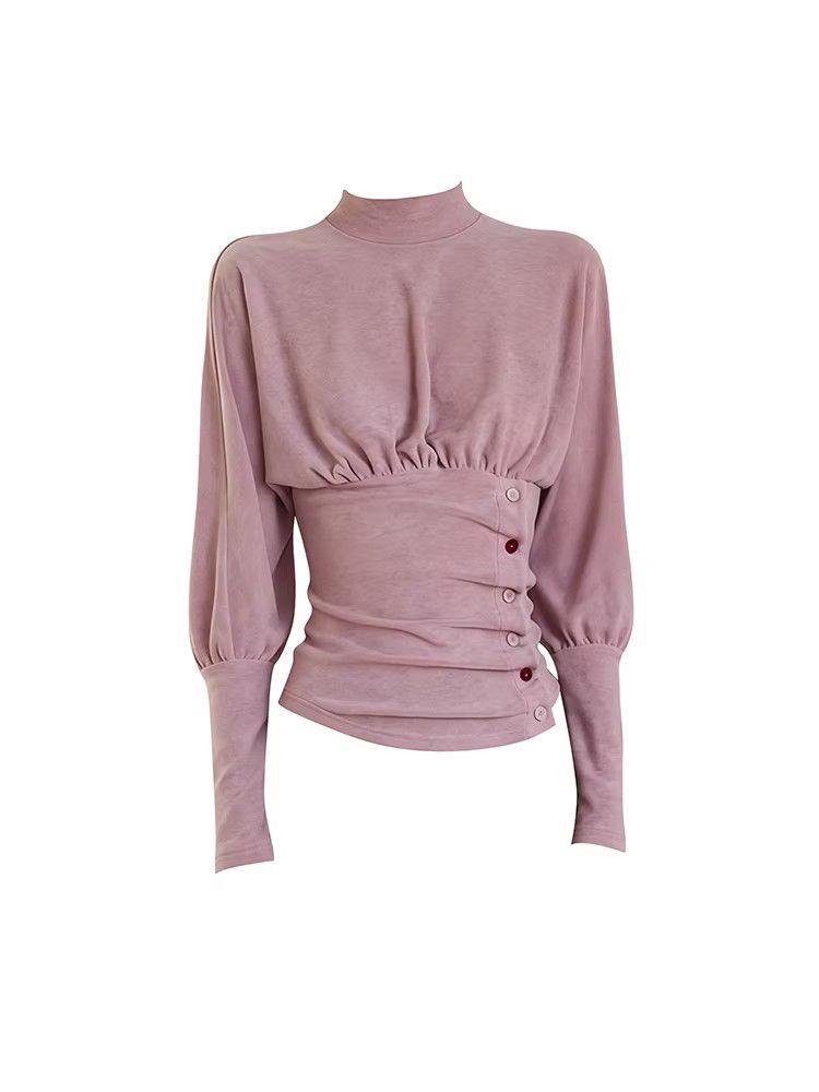 

Elegant Pink Mock Neck Long-Sleeve Women s Top with Buttons and Cinched Waist, Perfect for Spring and Autumn. Extra Large