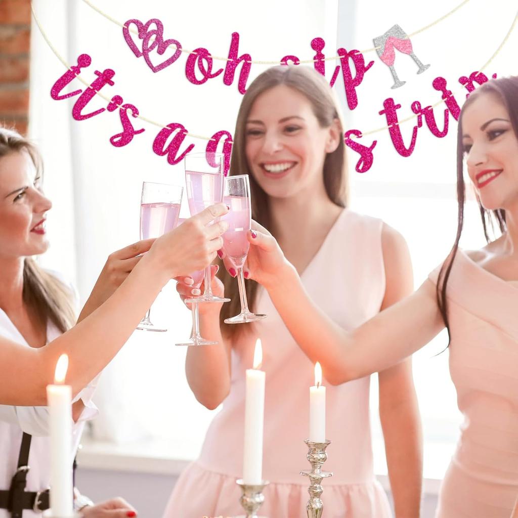 Firefairy Oh Sip It's a Girl's Trip Pre-strung Banner - Girls Vacation, Weekend, Just Wanna Have Fun - Bachelorette Party Decorations, Hot Pink