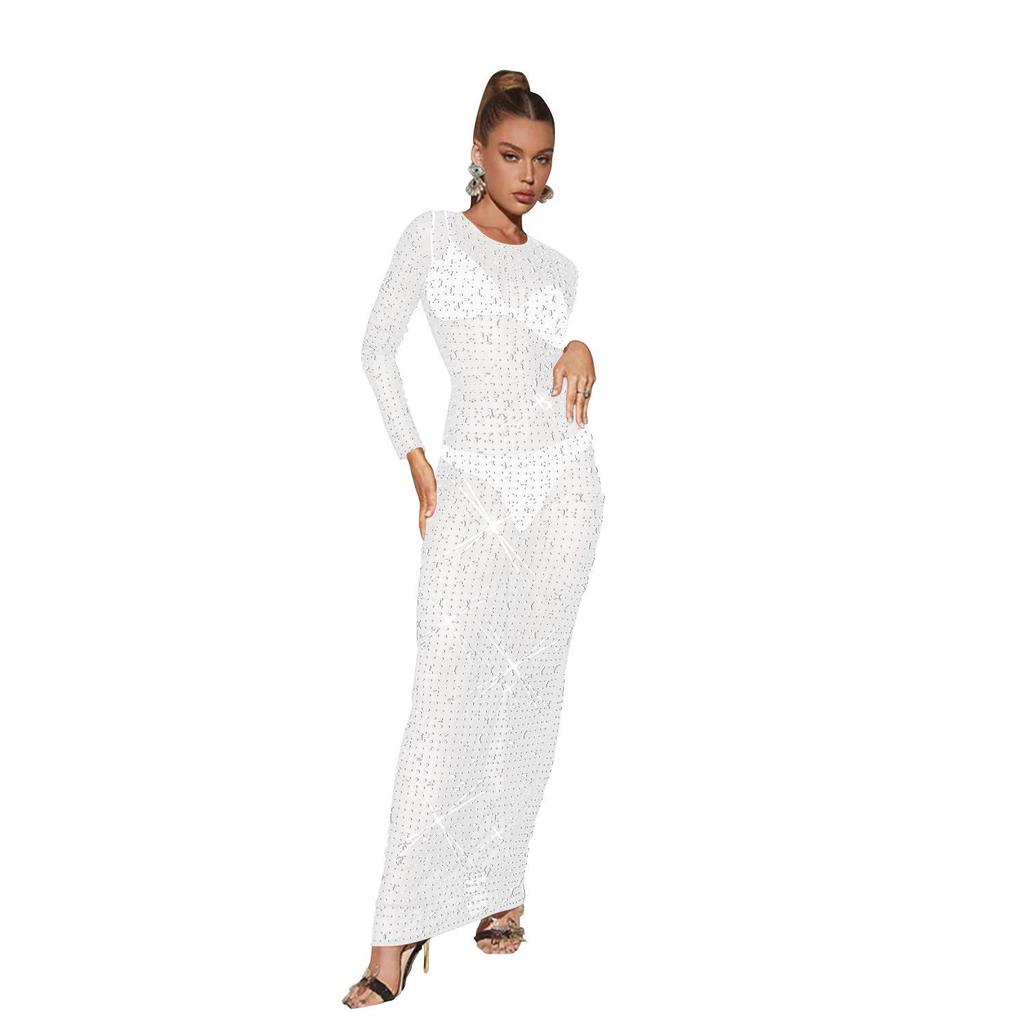 European & American Fashion Women's Solid Color Mesh Long Sleeve Maxi Dress with Hot Drill Details
