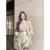 Large size fat mm French floral v-neck long-sleeved dress women's autumn and winter gentle design waist a-word short skirt