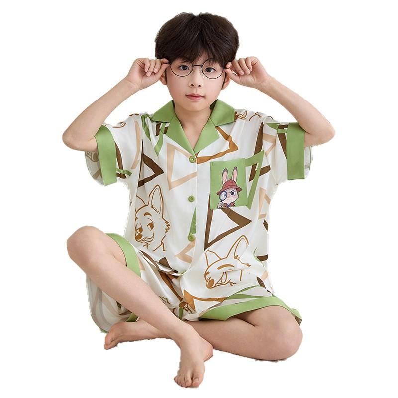 Boys 2026 Short Sleeve Pajamas Set Cartoon Ice Silk Thin Loungewear Kids