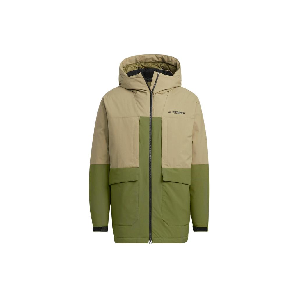 Adidas Fargeblokkert jakke med hette og glidelås, unisex yttertøy, dyp olivengrønn HN2010