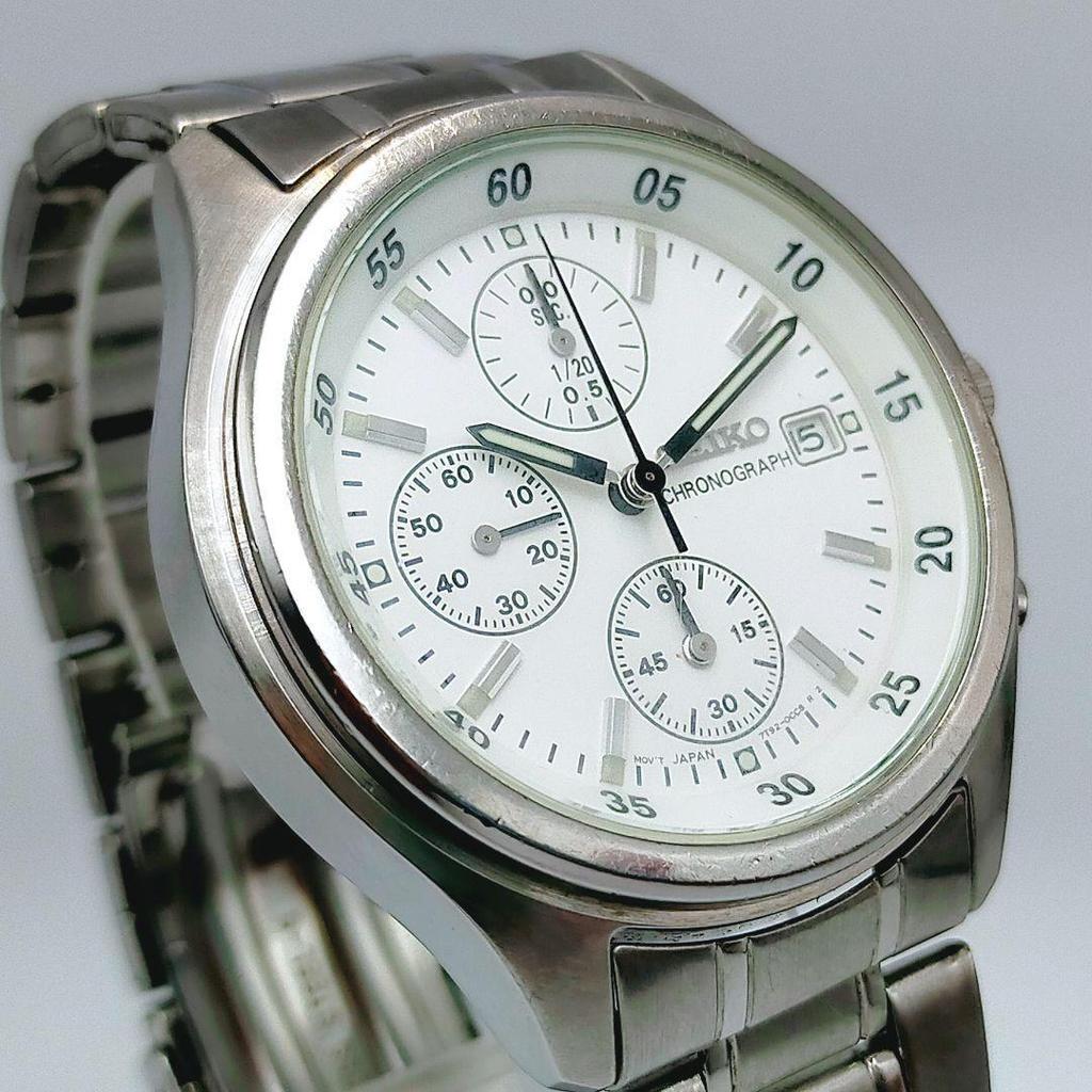 SEIKO Chronograph 7T92 White Dial Watch [New Battery] Men's