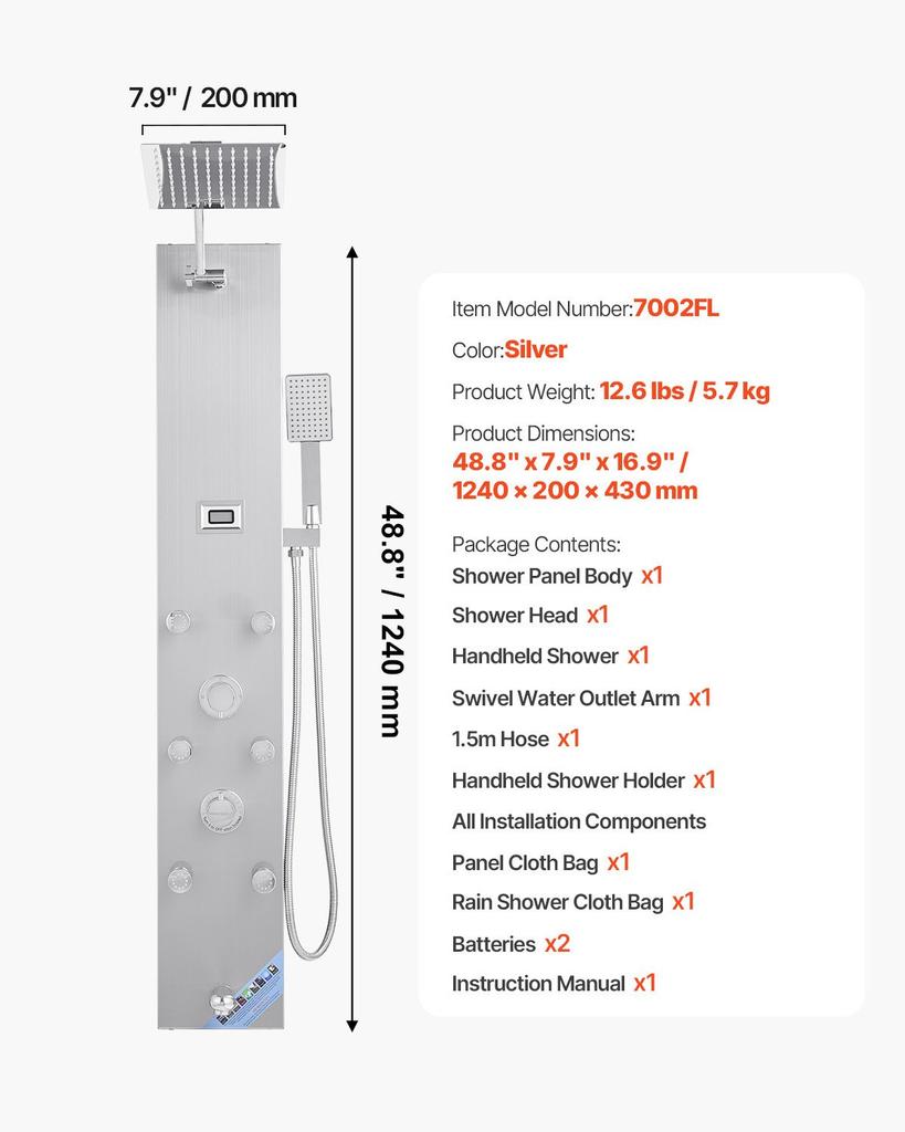 VEVOR Shower Panel Tower System with Rainfall Shower Head, LED, 49 in Brushed Stainless Steel Shower Column, 4-Function Faucet