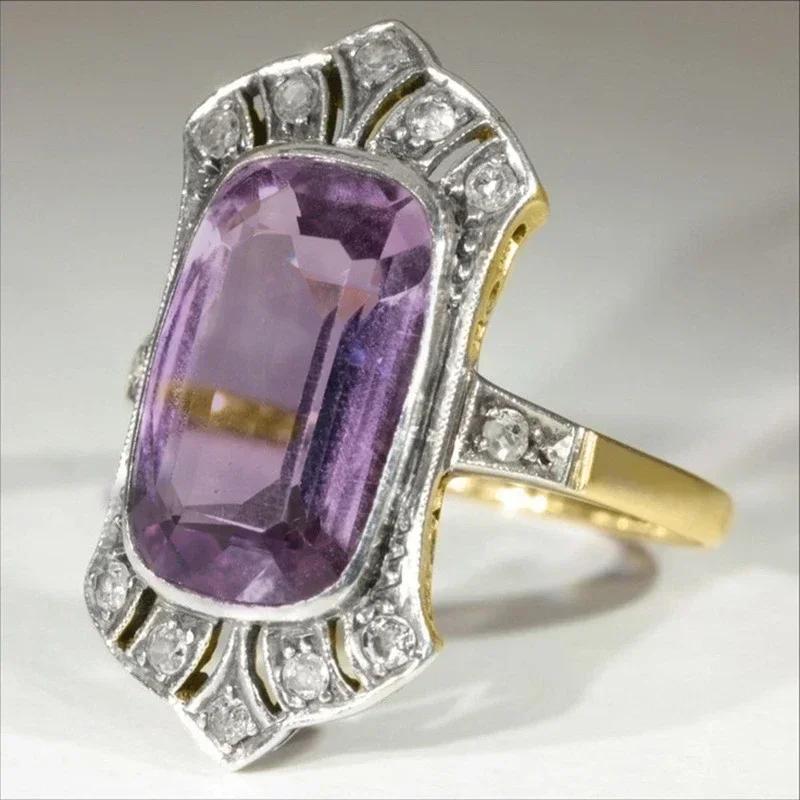 2025 New Purple Cubic Zirconia Ring with Sparkling Square Crystal, High End Women's Personalized Fashion Cocktail Party Zircon