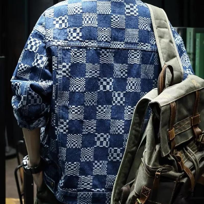 Men's Trendy Plaid Jacquard Denim Jacket - Autumn Loose-Fit, Large Size Casual Design