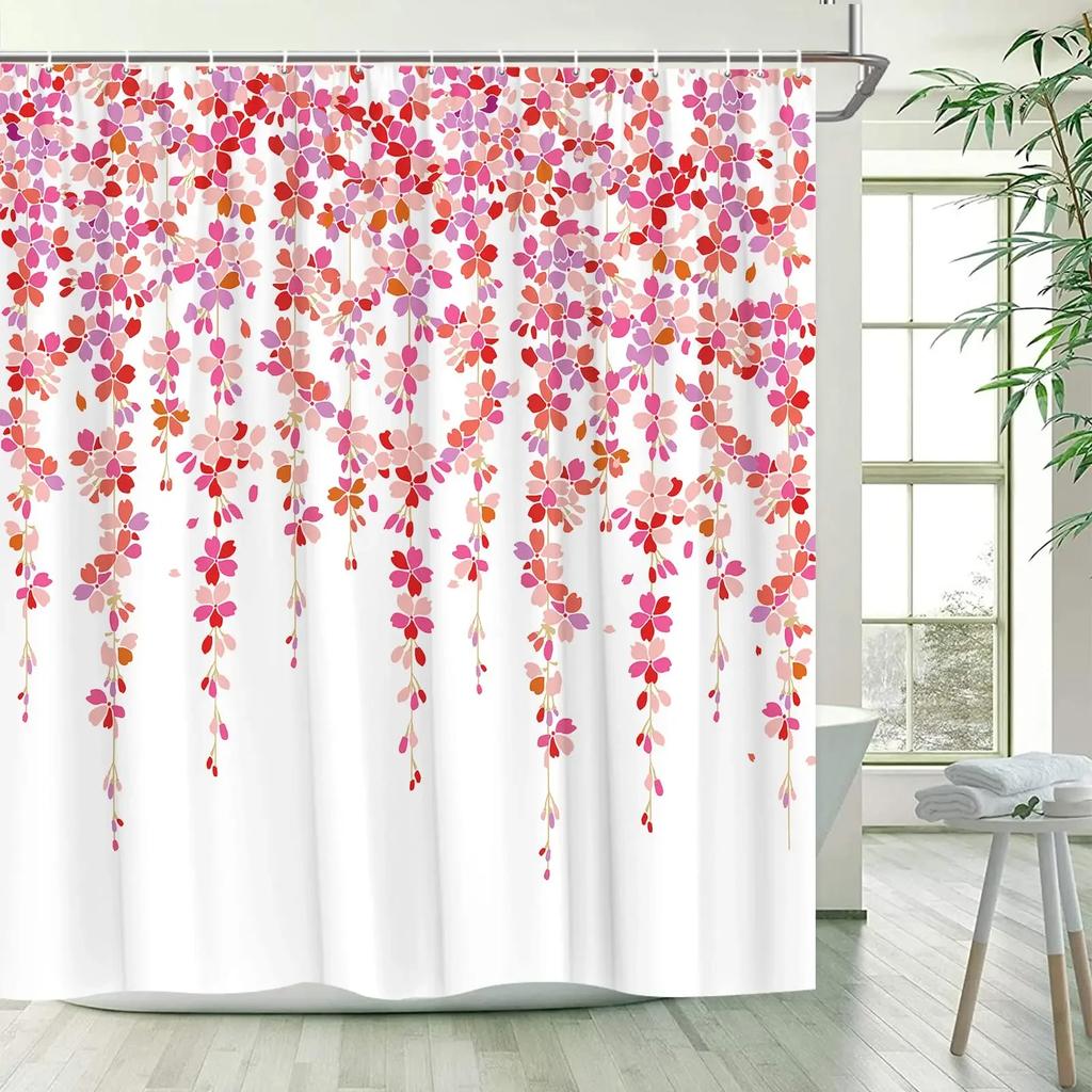 Floral Shower Curtains for Bathroom Pink Plant Flowers Watercolor Butterfly Wildflower Botanical Bathroom Curtain Set,Waterproof