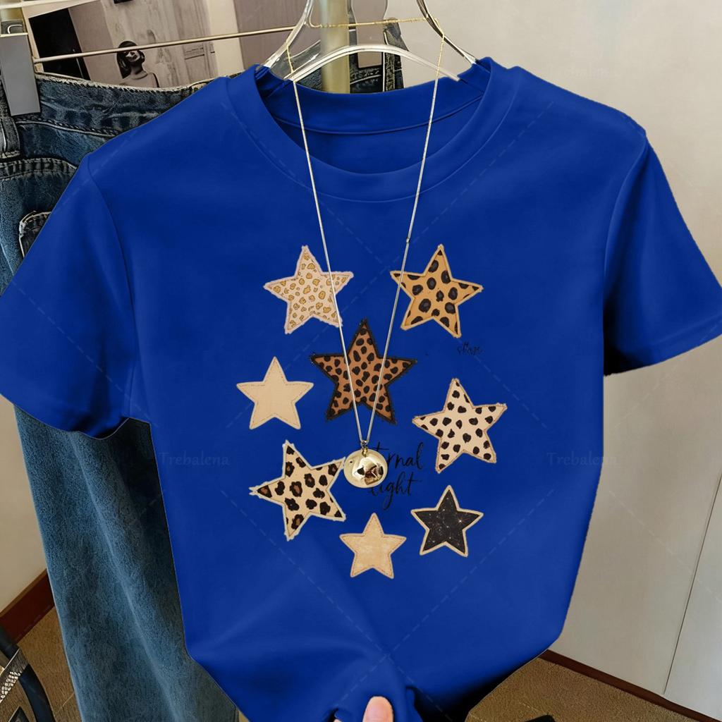 Leopard Star Printed Women's T-shirt, this casual summer top is a round neck short-sleeved patterned T-shirt