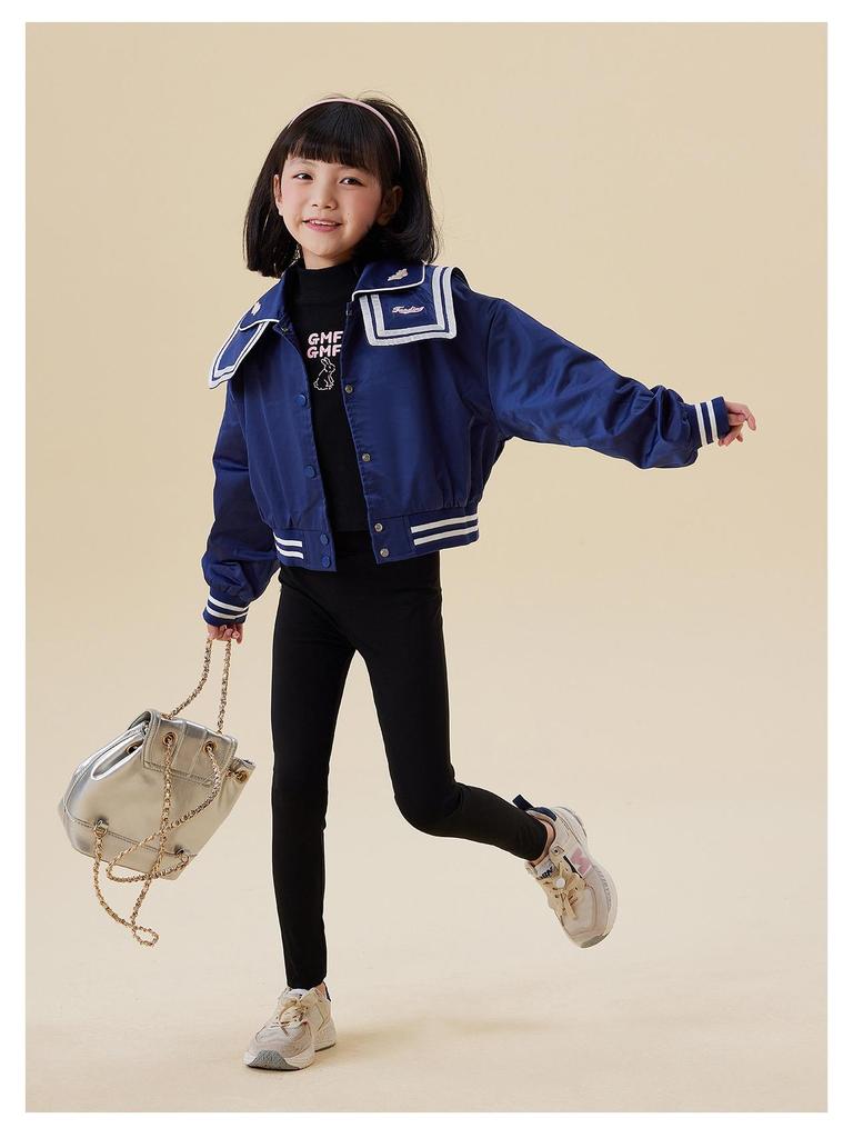 Tao Town Girls' Navy Collar Coat - 2025 Casual Preppy Spring/Autumn Short Jacket for Kids