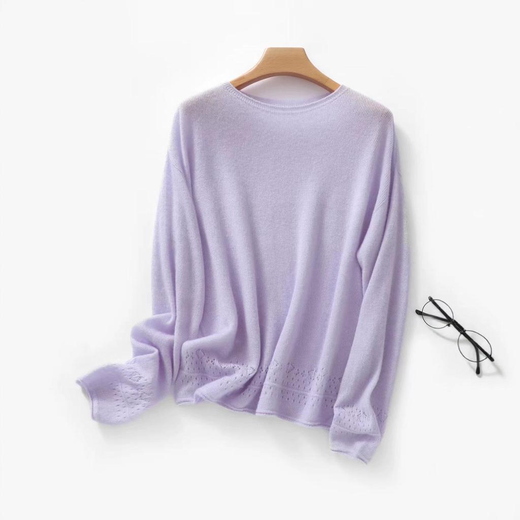 French-Style Silk Hollow Round Neck Knitwear for Women - Spring/Autumn Loose Sun Protection Shirt