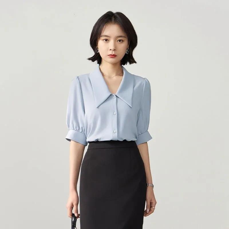 

Womens Light Blue Lapel V Neck Puff Sleeve Half Sleeve Office Blouse S синий