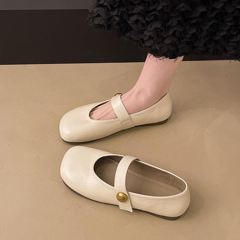 2025 new spring and summer retro versatile round head flat-soled single shoes soft leather comfortable versatile one-word belt women's shoes