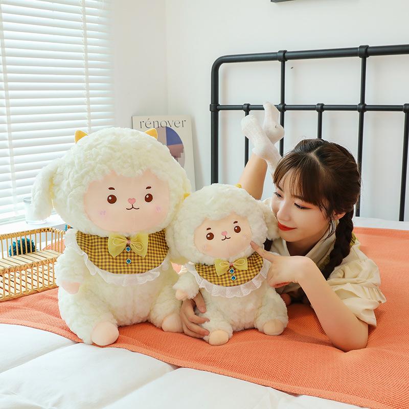 Cute clouds, lambs, plush toys, little sheep, girls sleeping in bed, holding dolls, pillows, dolls, gifts