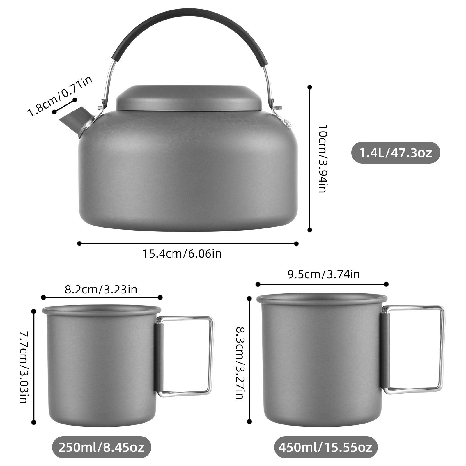 

Camping Kettle and 450ml 250ml Metal Cups Set Outdoor Boiling Water Kettle Backpacking Kettle 1.4L Anodized Aluminum Kettle