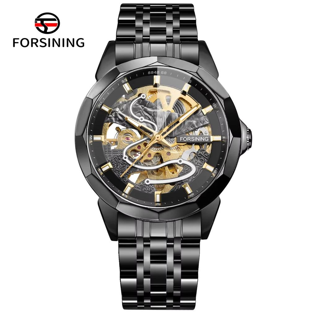 FORSINING Original Gold Skeleton Mechanical Man Watch Automatic Movement Clock Luxury Stainless Steel Men's Watches