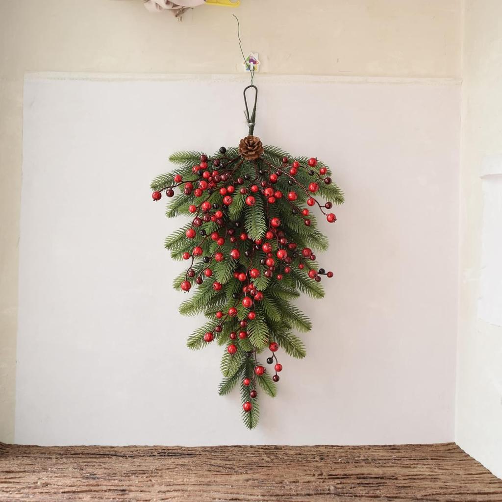 Artificial Christmas Teardrop Swag 27.6inch Door Swag Christmas Wreath with Red Berries Pine Cones Mixed Pine Swag for Holiday Wall Door Lintel
