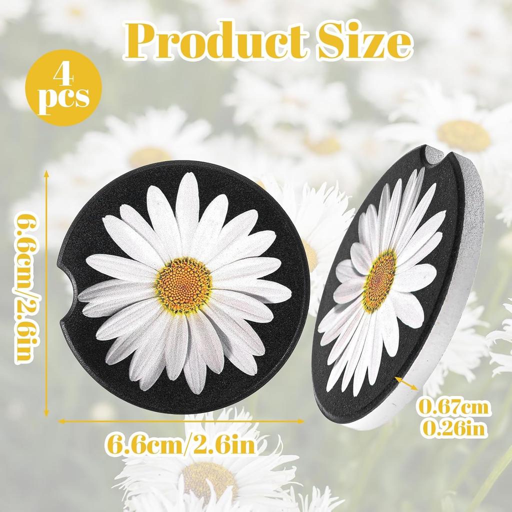 4Pcs Daisy Car Coasters for Cup Holders, Universal Non-Slip Absorbent Cup Holders, Cute Ceramic Drink Cup Car Holder Coasters, Car Interior