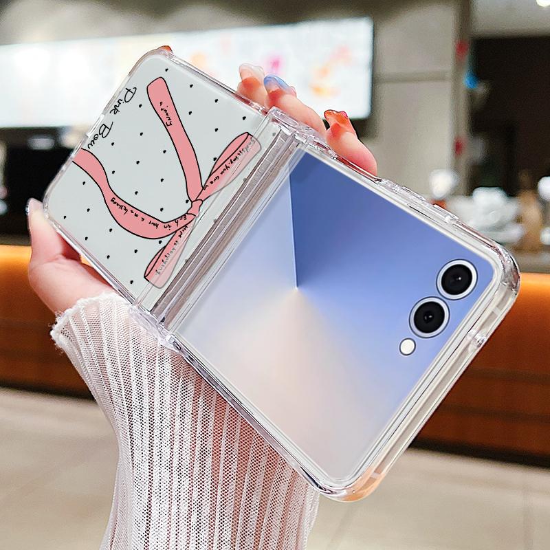 Pink Black Bowknot Pattern Phone Case For Samsung Galaxy Z Flip 7 FE 6 5 4 3 5G Folding Hard PC Clear Cover For Samsung Z Flip7