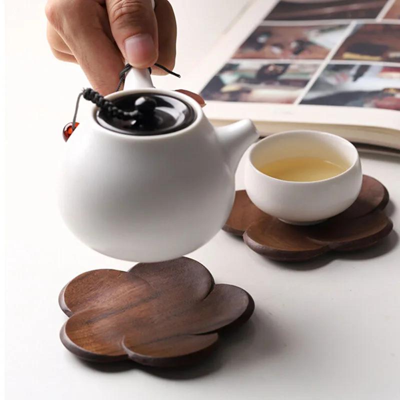 Japanese Style Black Walnut Coaster Home Dining Table Tea Coffee Cup Pad  Decoration Petal Heat-Resistant Beverage