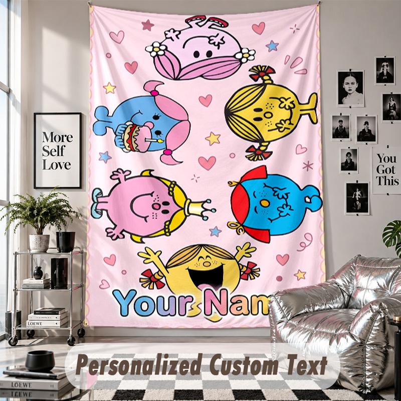 Wall Hanging Tapestry With Custom Name & Text, Mr. Men & Little Miss Decorative Tapestry For Bedroom