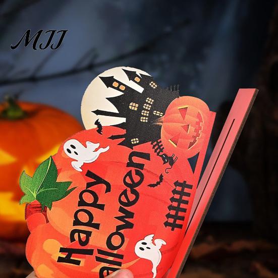 Decorative Crafts for Shelves Halloween Pumpkin Wooden Table Centerpiece, Creative Haunted House & Ghost Compact Dining Decorations Desktop
