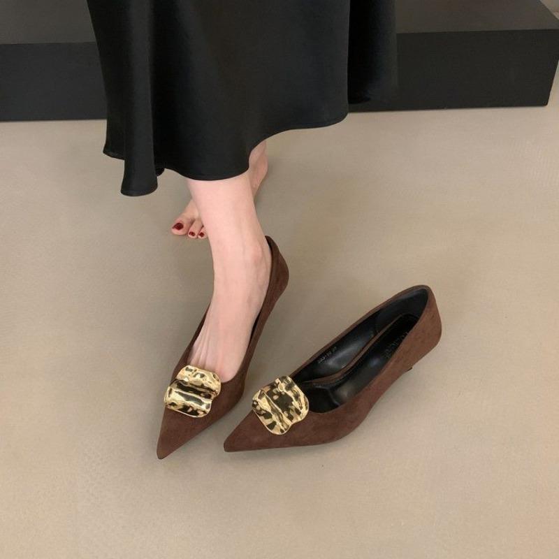 Large size elegant pointed kitten heel metal buckle high heels women's new thin heel suede commuter wear single shoes