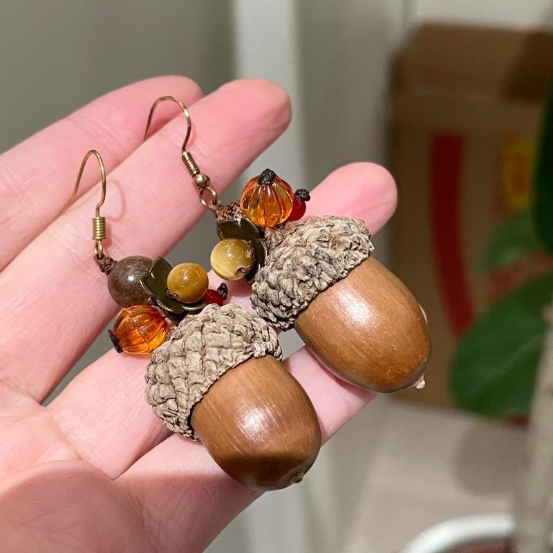 

Handmade Retro Pine Cone & Dried Fruit Earrings - Forest Style Artistic Jewelry for Women