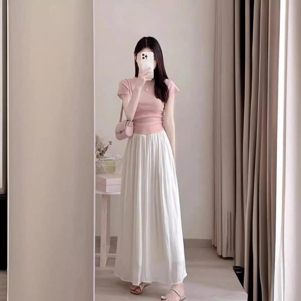 Petite Summer Pink Two-Piece: Short-Sleeved Top & Skirt Set