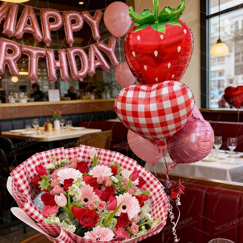 Strawberry Love Balloon Set Fruit Strawberry Shaped Balloon and Red Grid Love Balloon for Wedding Shower, Birthday Photo Props
