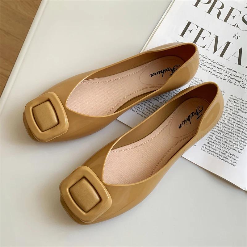 Fashion Women's Summer New PVC Solid Color Square Button Sandals Fashion Shallow Mouth  Casual Flat Women's Single Shoes