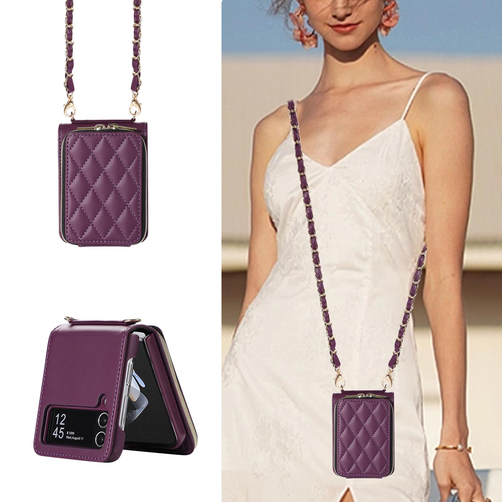 

Кожаный чехол-кошелек через плечо на молнии для карточек Solt для Samsung Galaxy Z Flip 5 4 3 Z Fold 5 Fold4 Fold3, чехол с металлической цепочкой и ремешком Samsung Z flip 3 темно-фиолетового