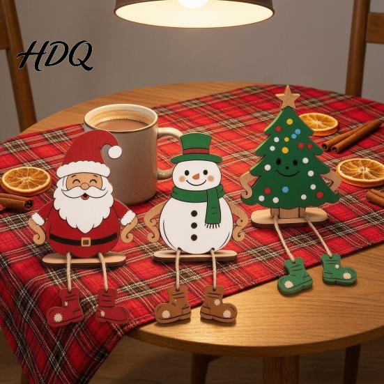 Tiered Tray Christmas Decor 3Pcs 2D Wooden Hanging Ornaments Cartoon Santa Snowman Tree Figurines Indoor Seasonal Table with Leg Design Holiday