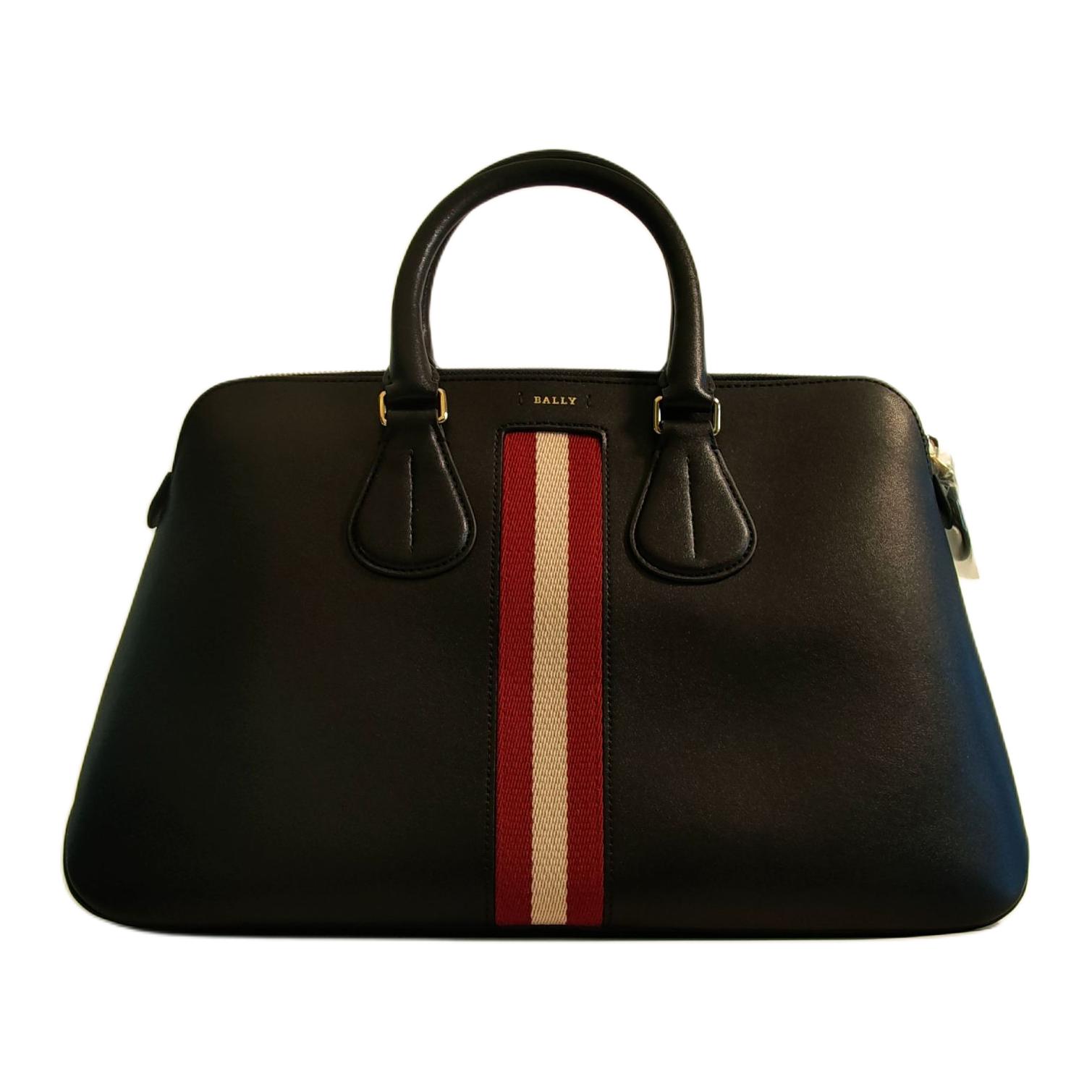 Bally Classic Stripe Logo Dainty Md. O Leather Boston Bag Women handbags Black 6219721 Basic Set (Bag+Dust Bag)