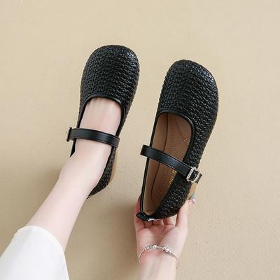 2025 Autumn New Imitation Woven Mary Jane Shoes Wear One-word Buckle with Soft Sole Small Fragrant Wind Light Mouth Single Shoes