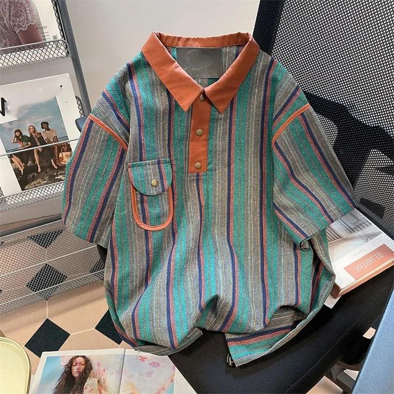 Women's Striped Polo Shirt Short-Sleeve Contrast Collar Casual Loose Blouse
