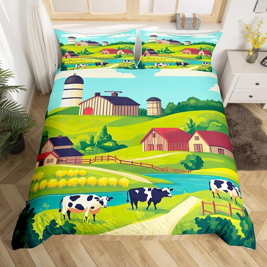 Cartoon Animal Duvet Cover Set, Farm Animal Comforter Cover, Rustic Farmhouse Bedding Set Twin Queen For Kids Boys Girls Adults