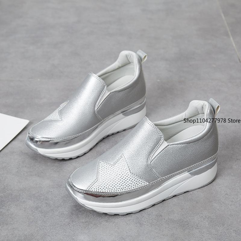 Fashion New Sneakers Women's Rhinestone Star Pattern Platform Muffin Loafers Silver Platform Shoes Woman Slip on Shoes Zapatos De Mujer