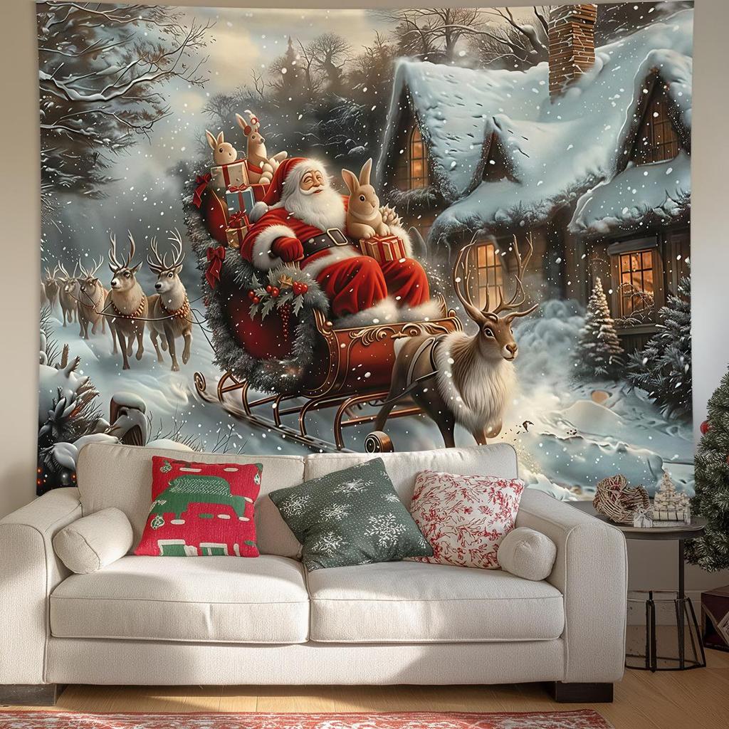 Christmas Tapestry Fairy Lights Christmas Tree Snowy Window Scene Red Curtains Christmas Event Backdrop Background Cloth