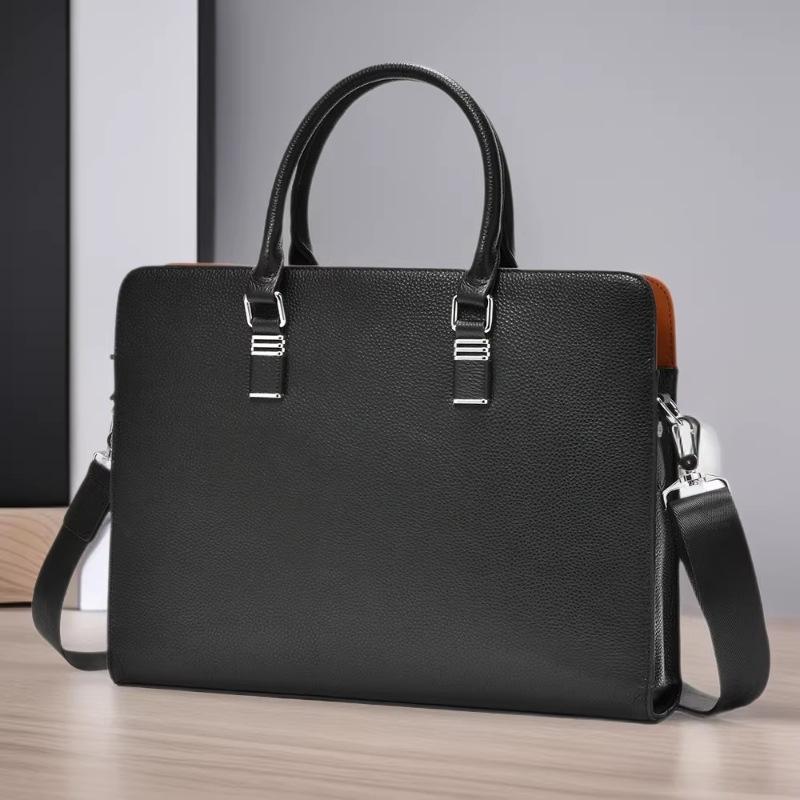 Men's Genuine Leather Briefcase with Litchi Grain, Cowhide Handheld Laptop Business Bag for Daily Commute