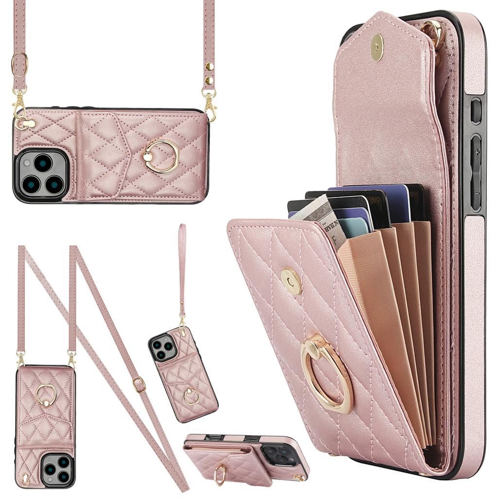 For iPhone 16 Pro Case Card Bag Leather+TPU Crossbody Phone Cover with Ring Kickstand