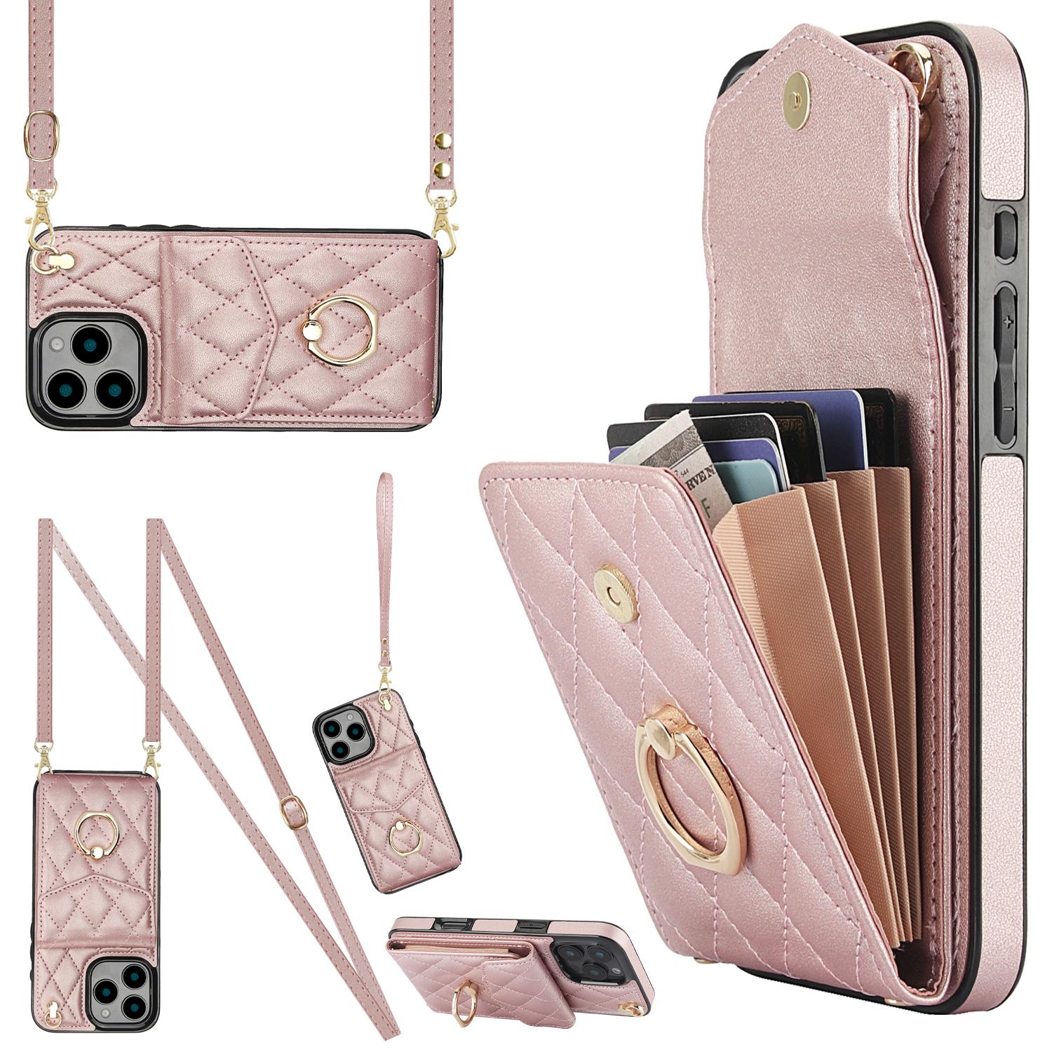 

For iPhone 16 Pro Max Case Card Bag Leather+TPU Crossbody Phone Cover with Ring Kickstand Rose Gold