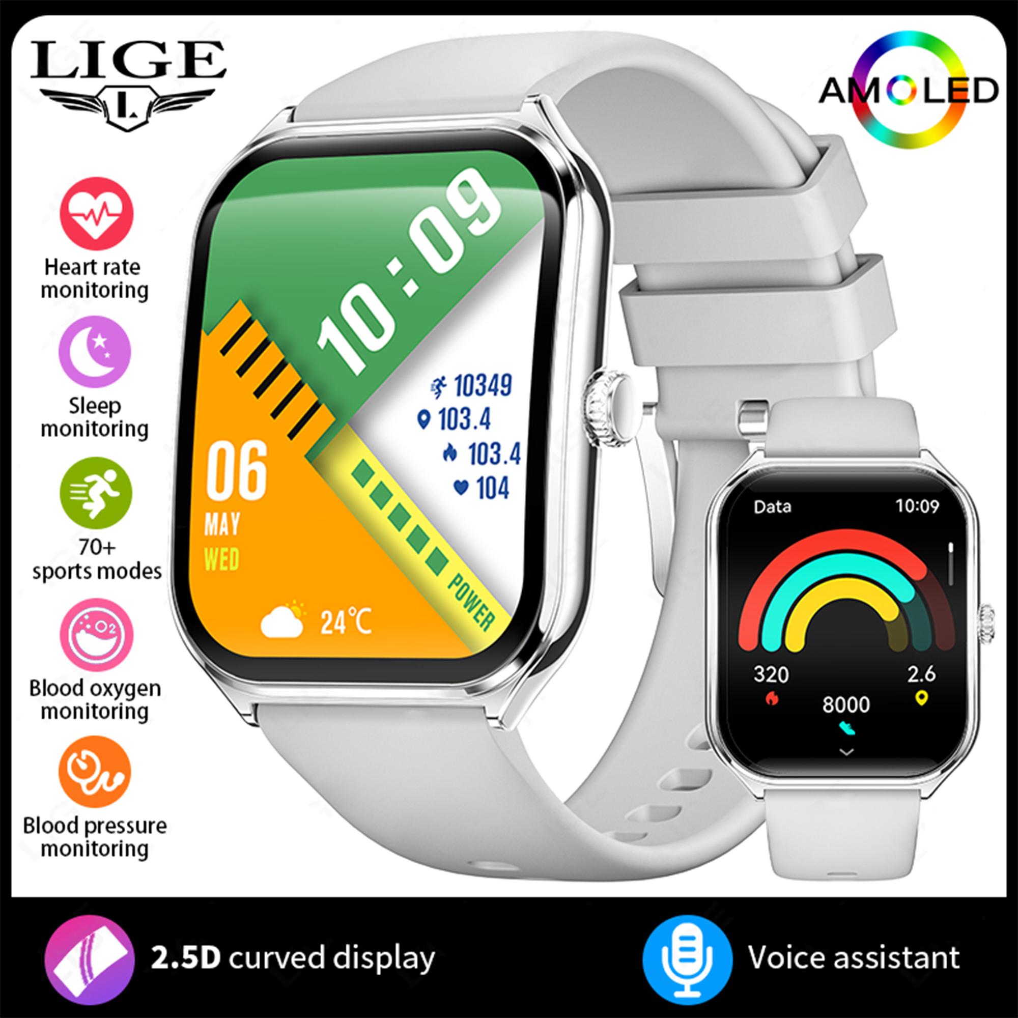 

LIGE New Ultra Thin Smart Watch 1.96 AMOLED Curved Screen Waterproof Bluetooth Call Smartwatch siliocne strap срібний