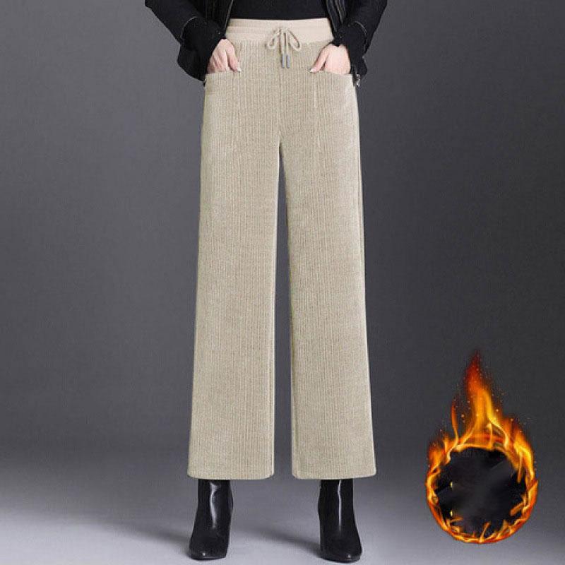 Winter Neue Frauen Einfarbig Mode Elastische Taille Gerade Hosen Frauen High Street Casual Taschen Patchwork Kordelzug Dicke Hose
