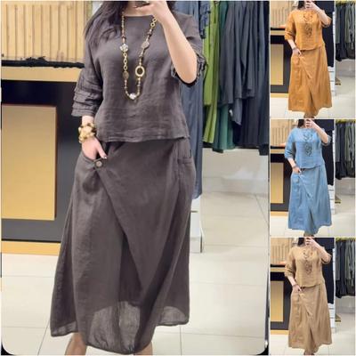 Women's Round Neck Solid Color Casual Cotton Linen 3/4 Sleeve Top and Pants Set