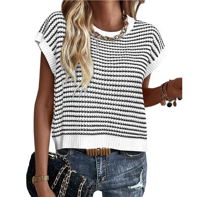 Summer and Autumn Round Neck Knitted Top Casual Striped Contrasting Women's Sweaters