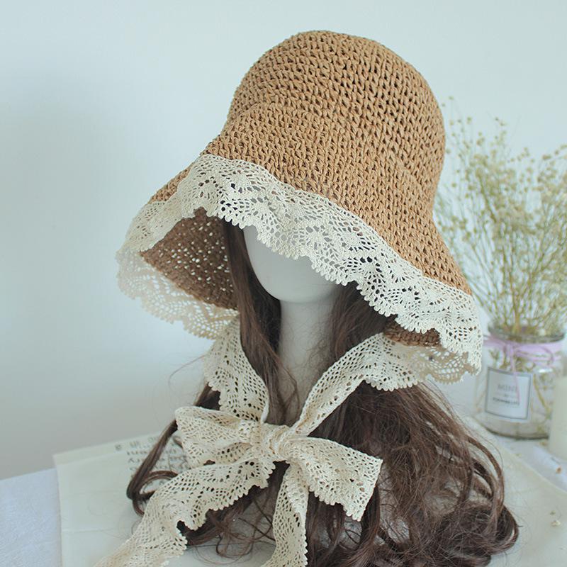Straw hat women's summer lace-up small edge beach hat small fresh seaside vacation sunscreen sunshade small brim hat