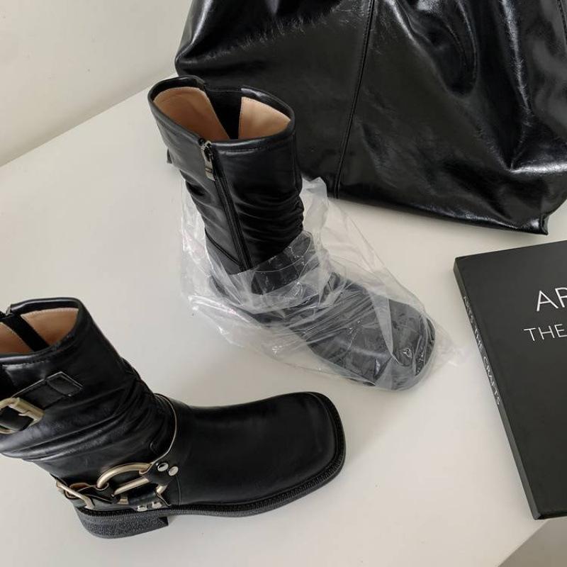 

Autumn and winter medium heel large size women s boots solid color side zipper women s leather boots leather knight boots new cowhide low boots 40 чёрный