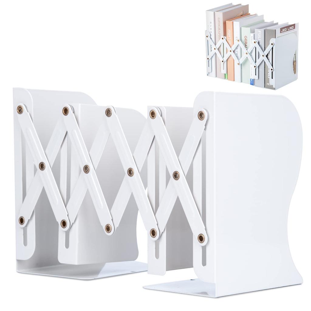 ALIOBC Extendable Metal Desktop Bookshelf with Magazine and Document Newspaper Retractable Office White Bookends, Anti-Tip Dividers, Storage, Files,