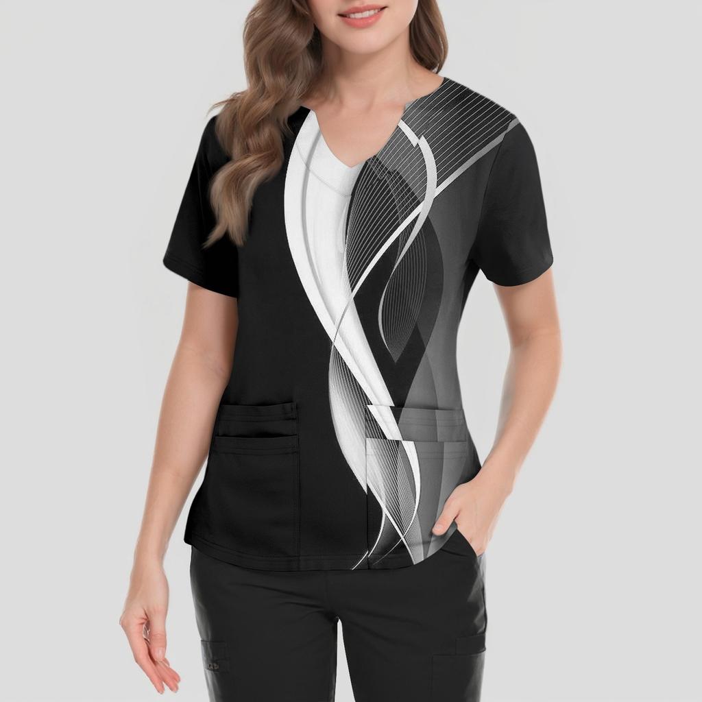 Damen locker kurzärmlig modisch geometrischer Druck von Pflanzen und Blumen Druck V-Ausschnitt knopfbar Seitenschlitz Oberteil T-Shirt