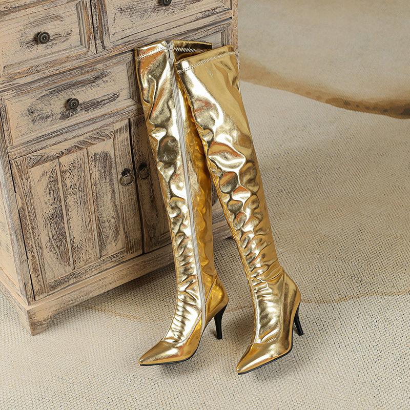 Women Over-the-knee Boots with Zipper Gold Silver High Heels Thigh High Boots